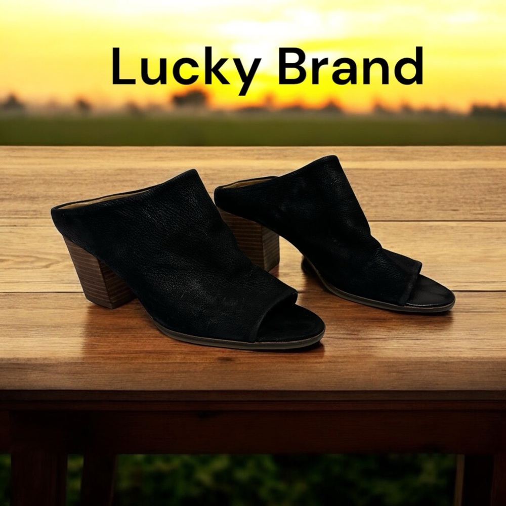 Lucky Brand women’s organza Mule Sandal Black Leather Slide peep toe size 8/5!!